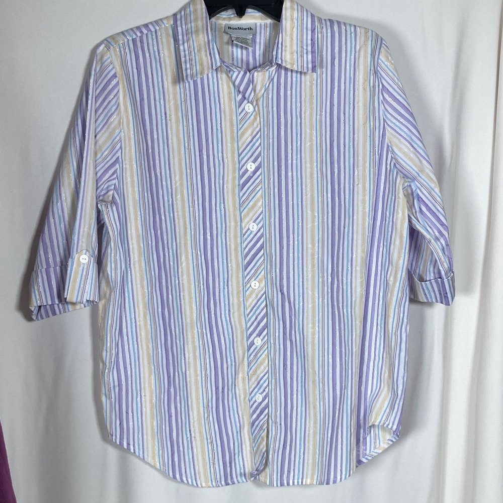 Bon Worth Striped Button-Up Blouse with Roll-tab Sleeves Garden Vacation
